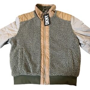 DKNY Sherpa Quilted Zippered Jacket Mens Size Large Brown Green New Zip Up